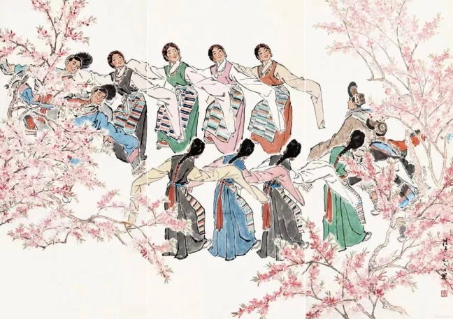 葉淺予高原之春紙本設(shè)色211cm×98cm、211cm×105cm、211cm×98cm1964年